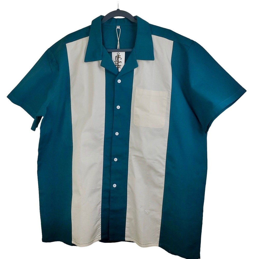 Anchor MSJ Men's Green/White 50’s Clothing Rockabilly Style Casual Shirt, XXXL